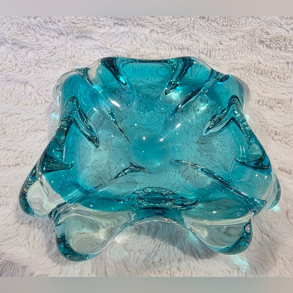 Vintage Murano Style Sumerso Art Glass Ashtray Bowl Blue Green Teal